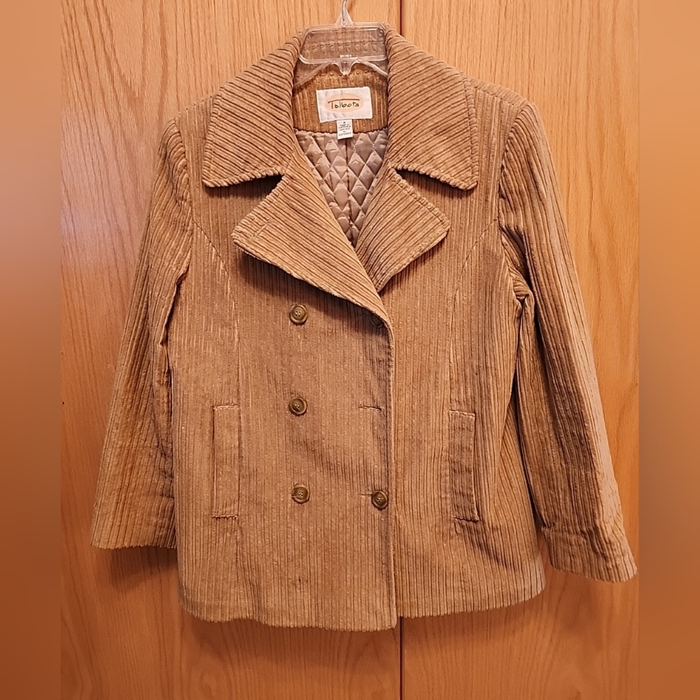 Vtg TALBOTS beige Corduroy Peacoat. Sz 8 Workwear Barn Campfire
